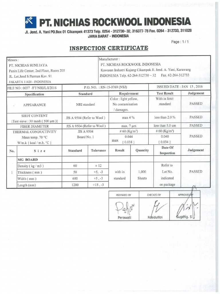 Inspection Sertificate | PDF