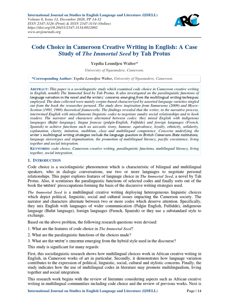 Code Choice in Cameroon Creative Writing in English: A Case Study of ...