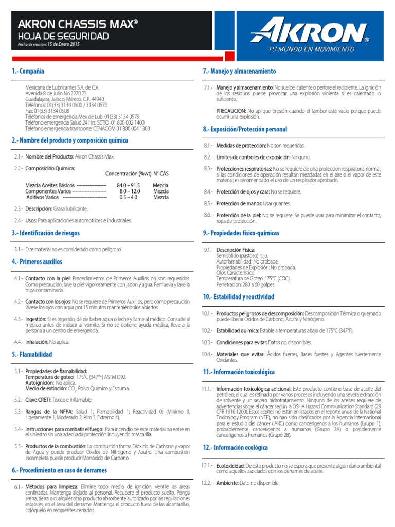 930 MSDS Akron Chassis Max PDF Agua Combustión