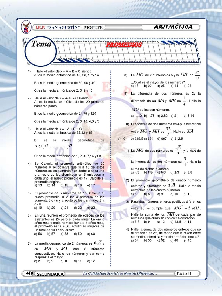 4to Promedios Pdf Aritmética Matemáticas