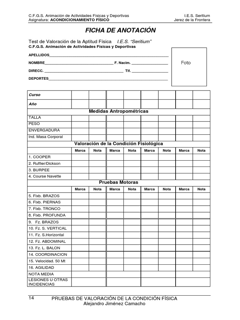 Formato de Los Test Fisicos PDF