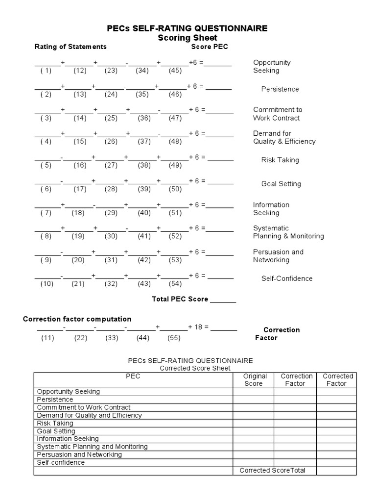 PECs Self Rating Questionnaire Scoring Sheet 1 PDF Psychological