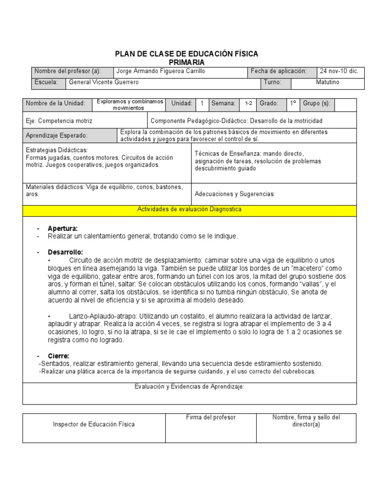 Plan de Clase de Educación Física 1º Primaria | PDF | Método de ...