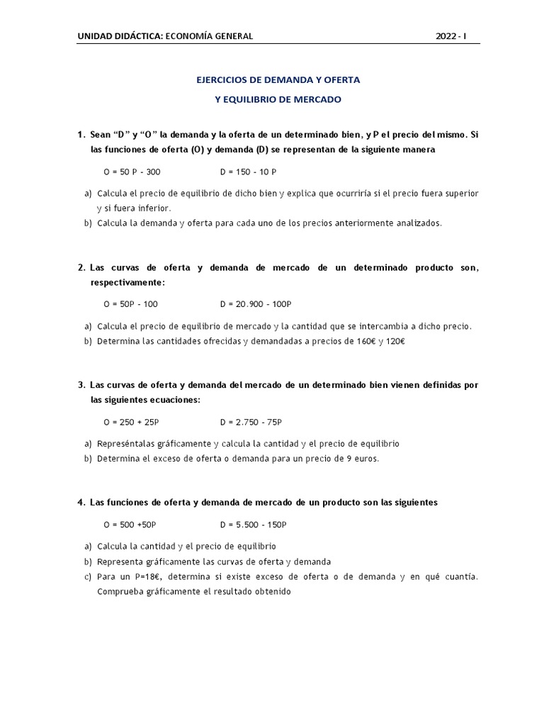 Ejercicios de Oferta - Demanda - Equilibrio Entre La Oferta y Demanda ...