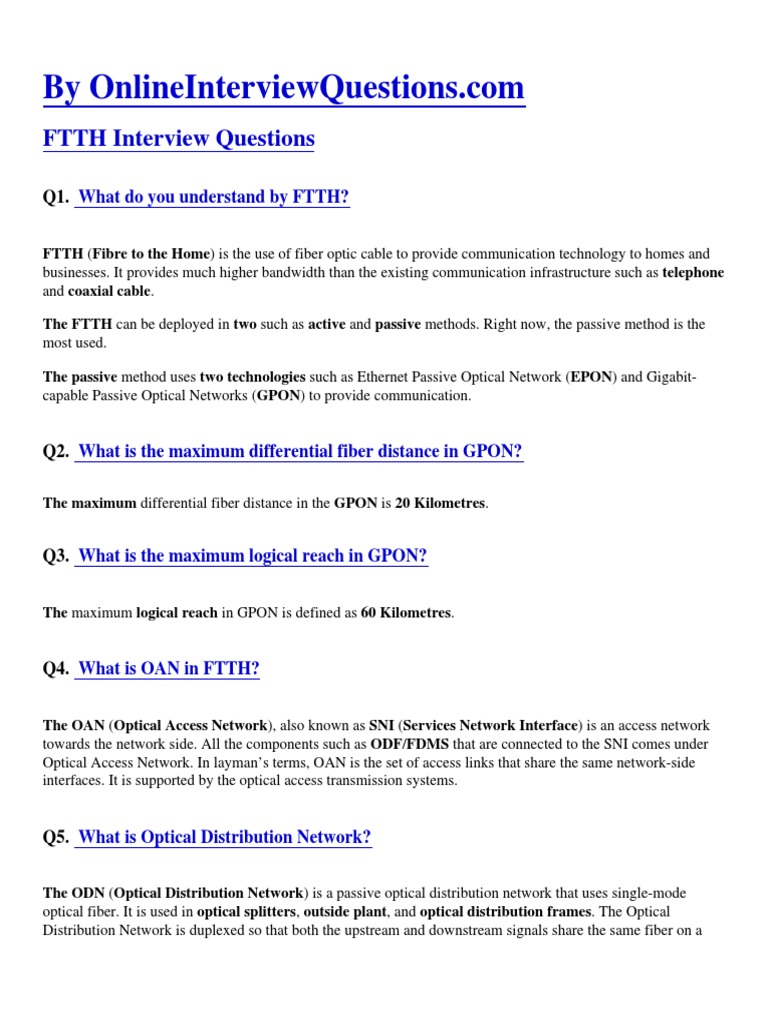 FTTH Interview Questions Download Free PDF Fiber To The X