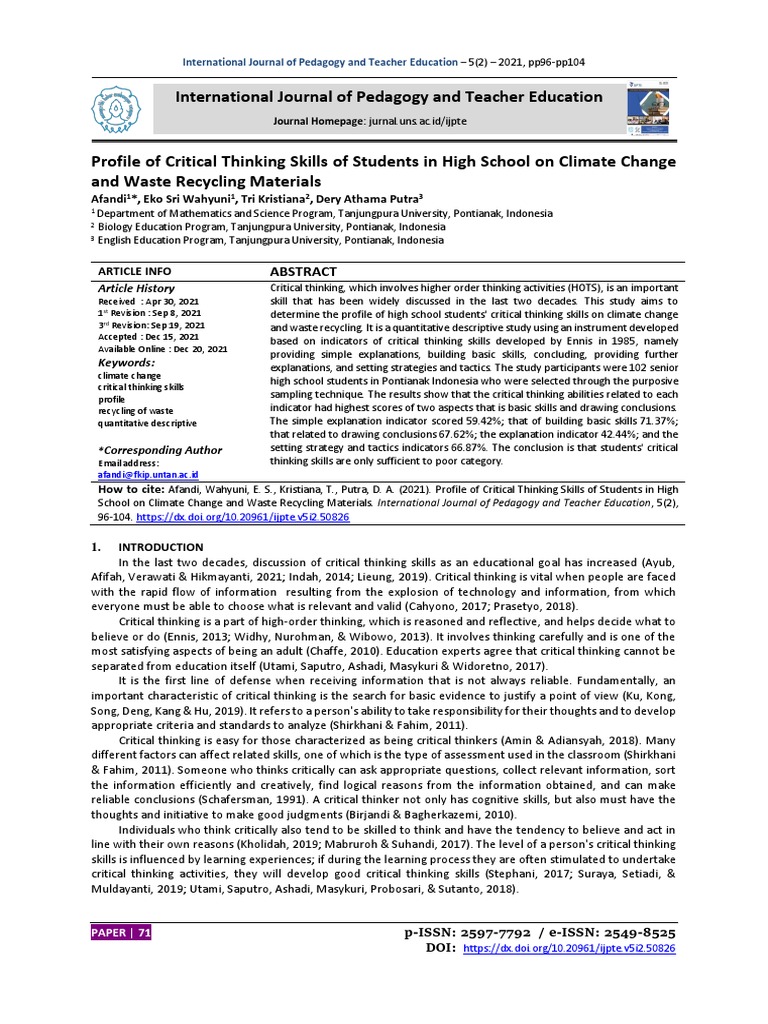 High School Students' Critical Thinking on Climate Change PDF