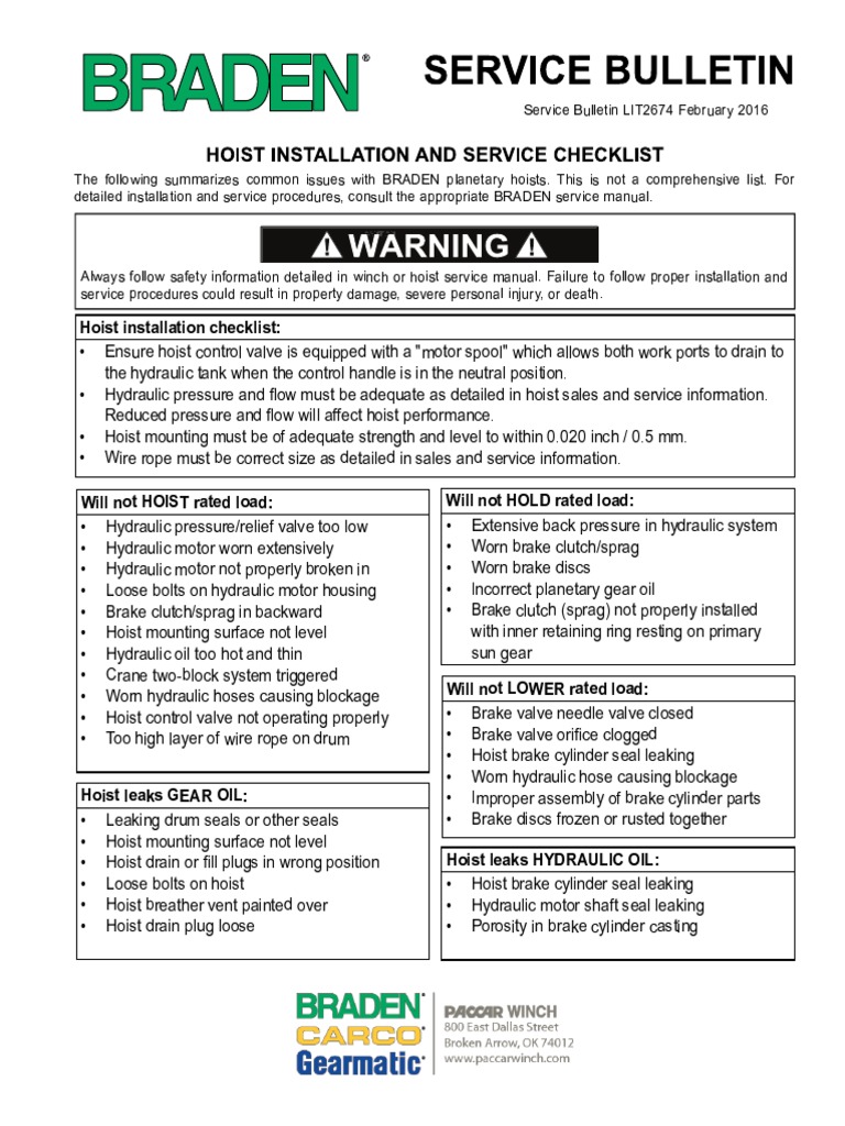 LIT2674 Hoist Service Checklist PDF Valve Equipment