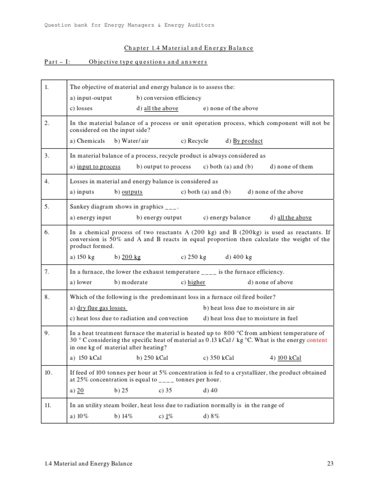 Material and Energy Balance Q&A PDF Combustion Boiler