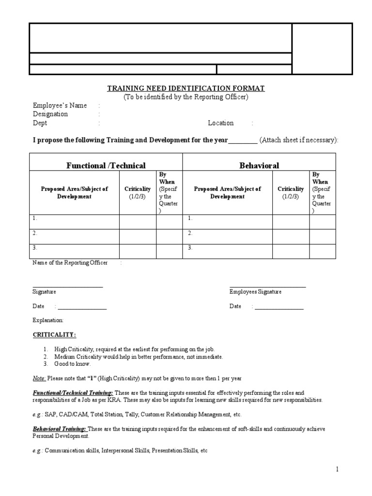 Training Needs Identification Format | PDF | Behavior Modification ...