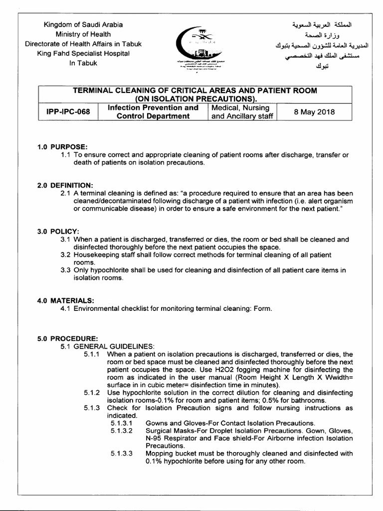 Thorough Procedures for Terminal Cleaning of Patient Rooms Under