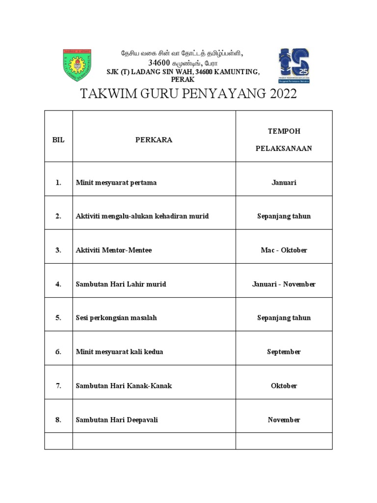 TAKWIM GURU PENYAYANG 2022 | PDF
