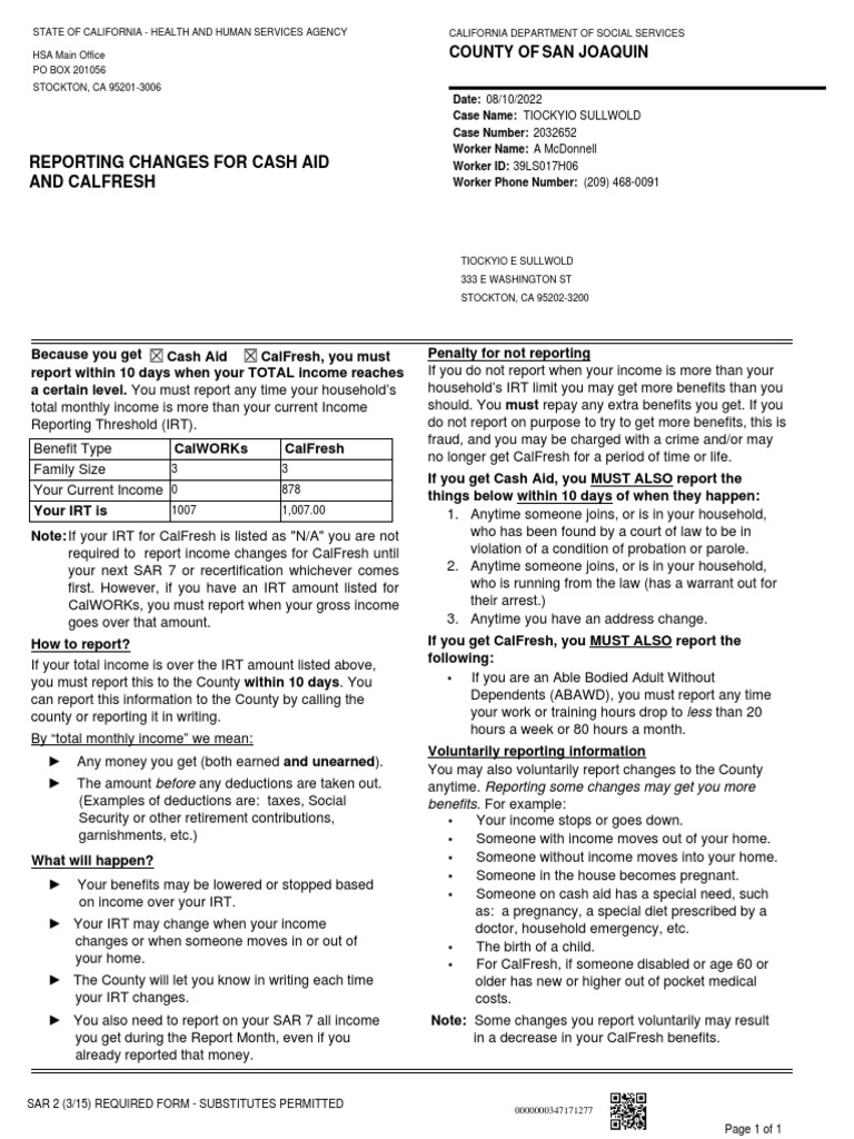 Reporting Changes For Cash Aid And CalFresh PDF Tax Deduction