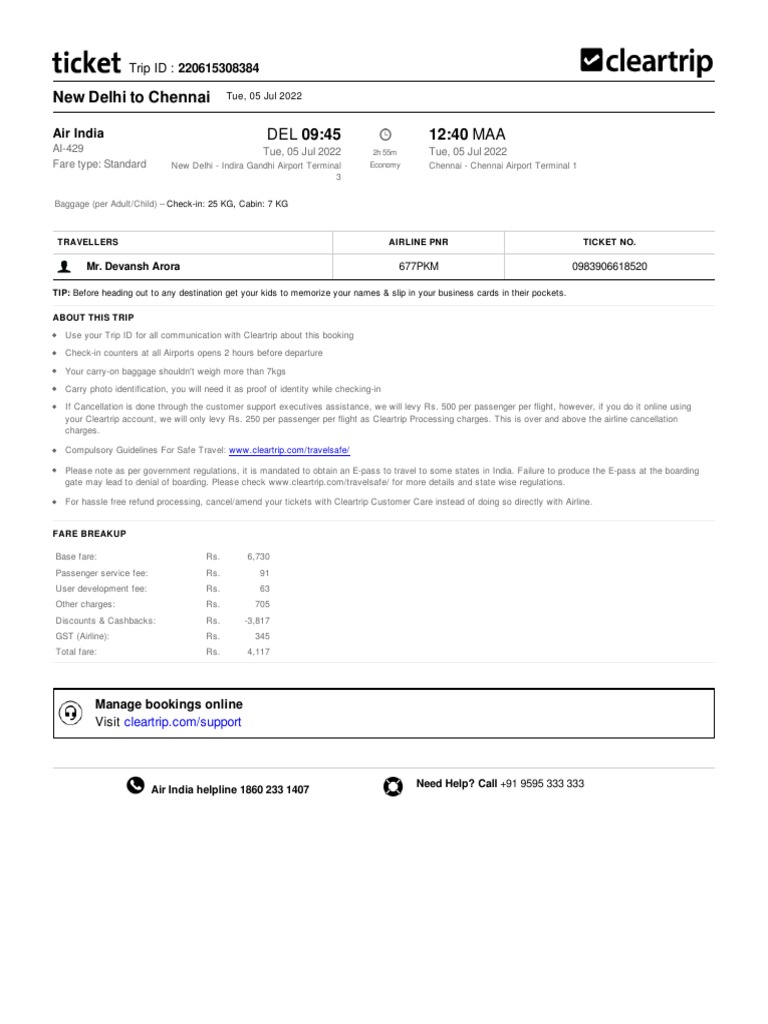Cleartrip Flight Domestic ETicket 220719 221900 PDF Aviation