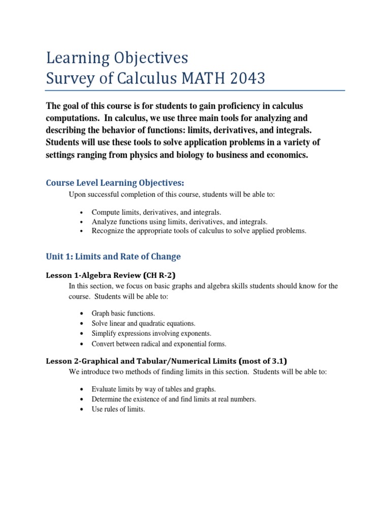 Calculus Course Learning Objectives | PDF | Derivative | Integral
