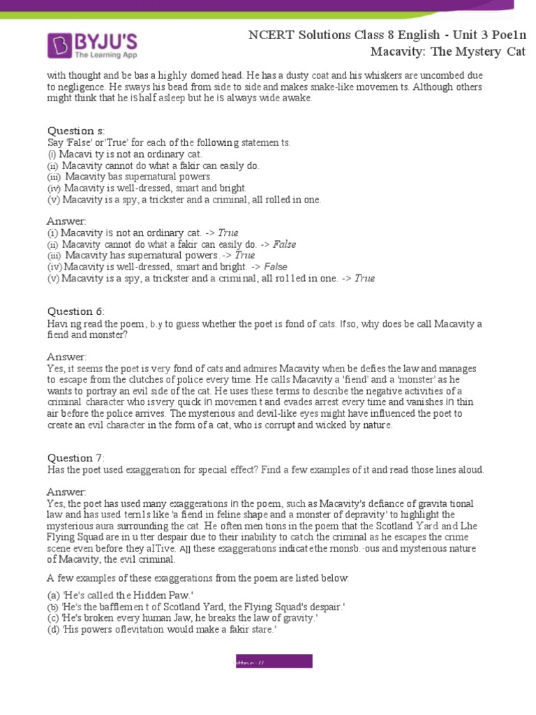 NCERT Solutions for Macavity: The Mystery Cat Poem | PDF