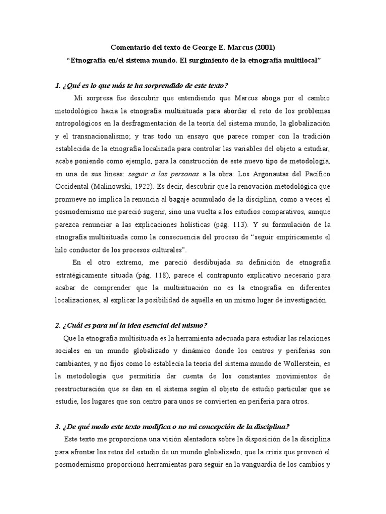 2021 Comentario 1 Del Texto De George Marcus 1 Pdf Etnografía 