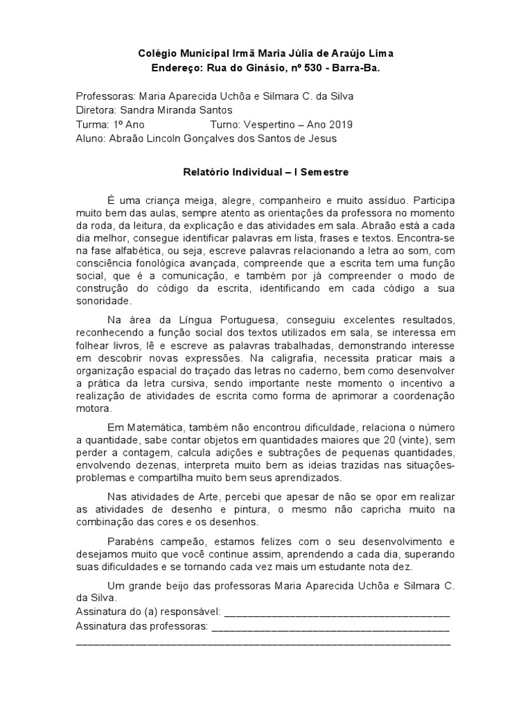Relatório Individual 1º Ano - I Semestre | PDF | Alfabetização | Escrita