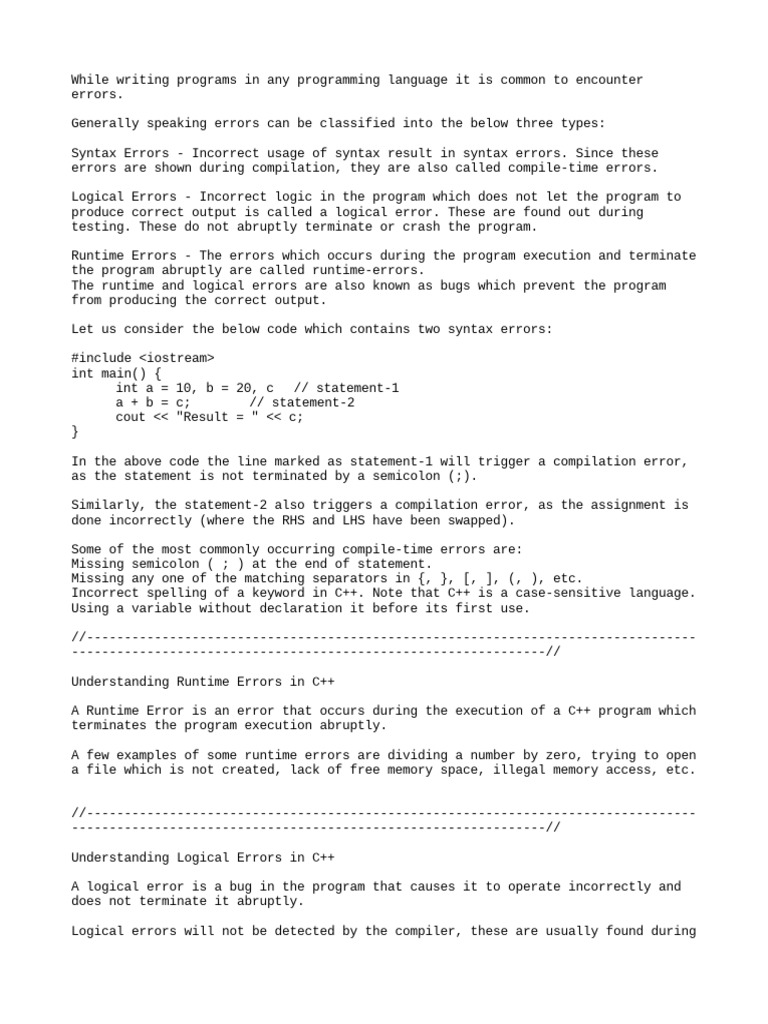 4 - Understanding Common Errors in C++ | PDF | C++ | Computer Program