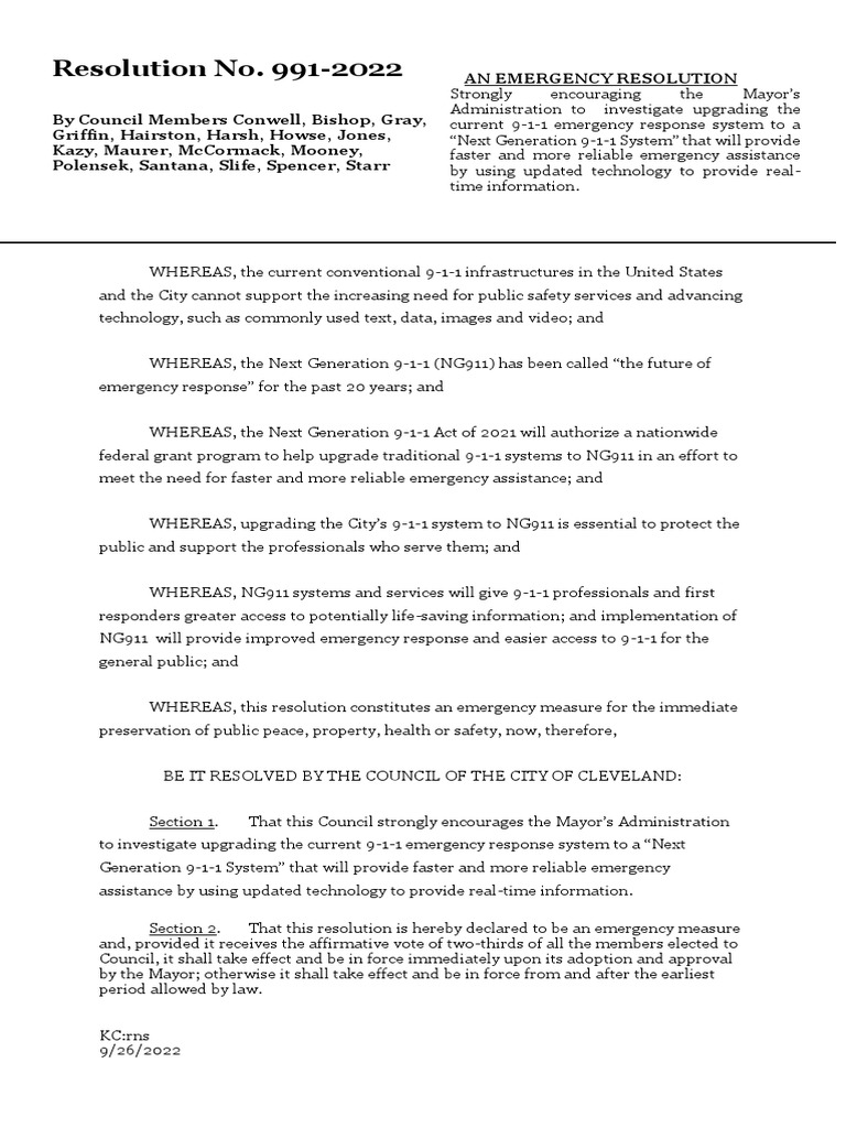 Cleveland 911 City Council Resolution Pdf 9 1 1 Emergency