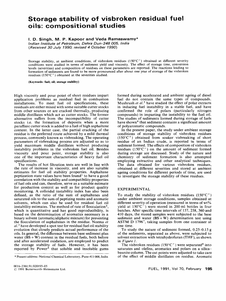 Storage Stability of Visbroken Residual Fuel Oils Compositional