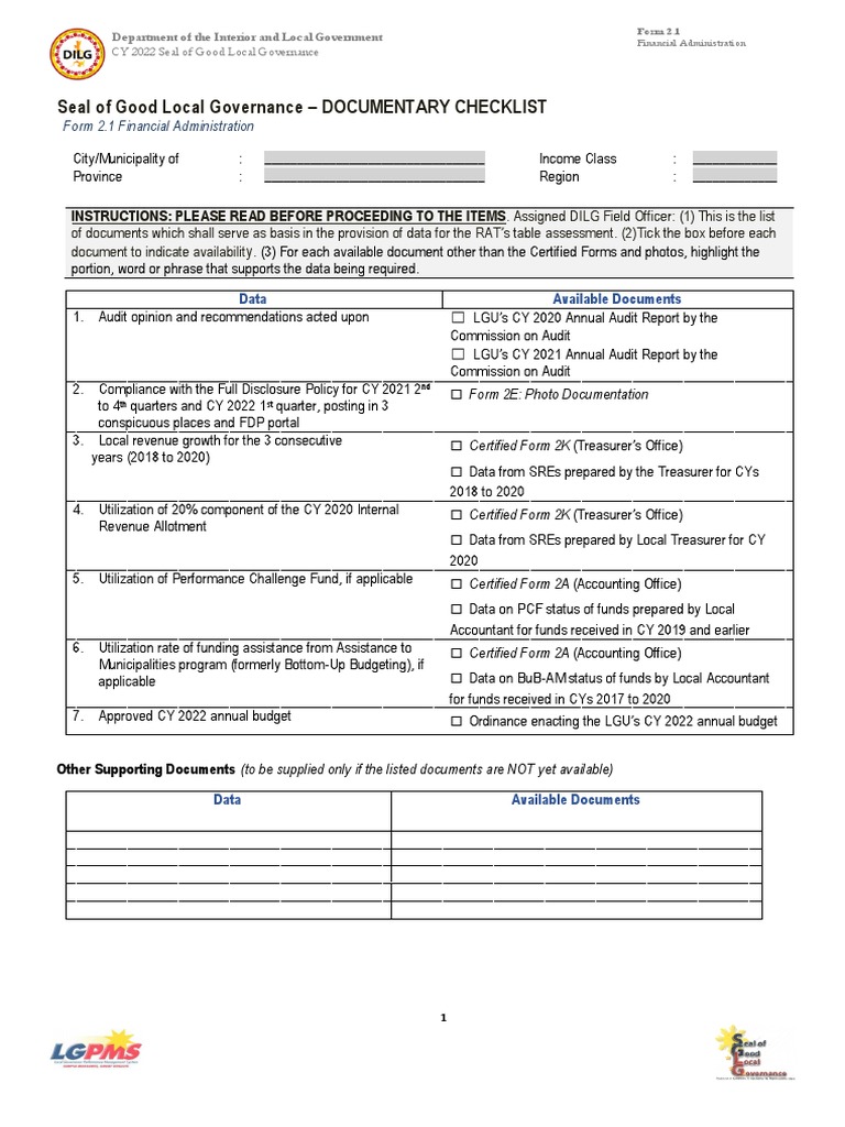 SGLG 2022 Documentary Checklist | PDF | Audit | Incident Command System
