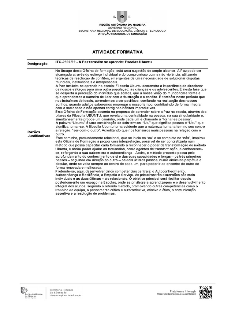Formação em Filosofia Ubuntu na Escola | PDF | Paz | Autoestima