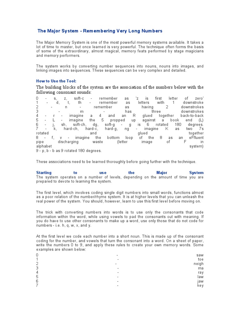 Memory-The Major System | PDF | Consonant | Word