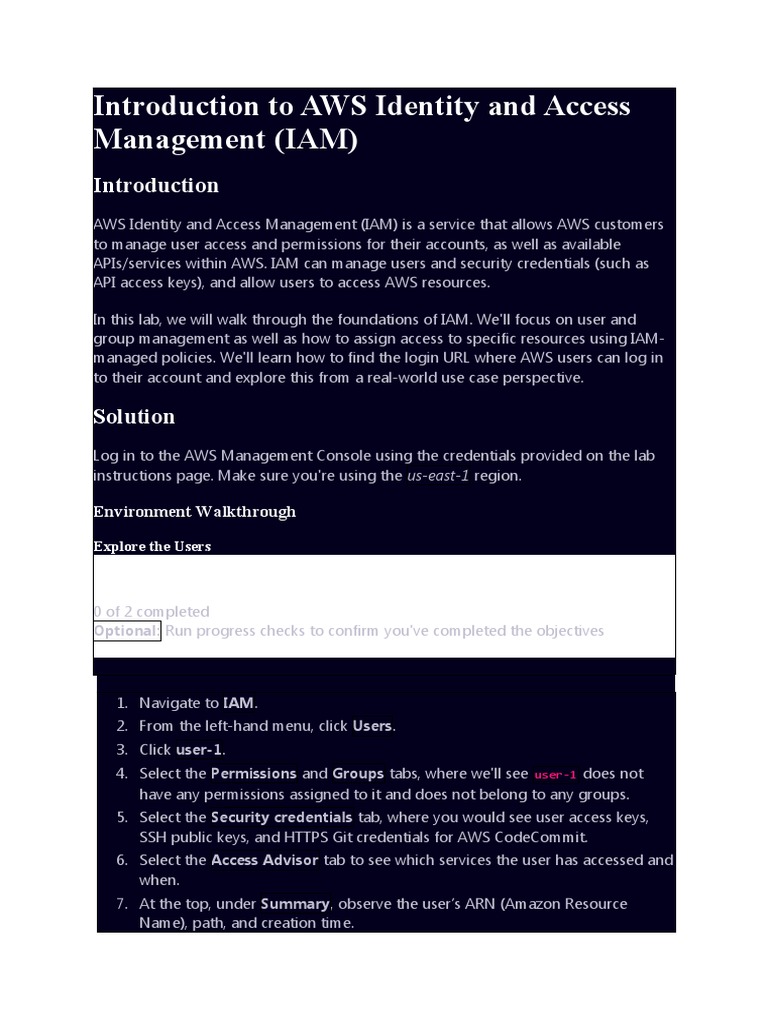 AWS IAM Lab: User Management Guide | PDF | Login | User (Computing)