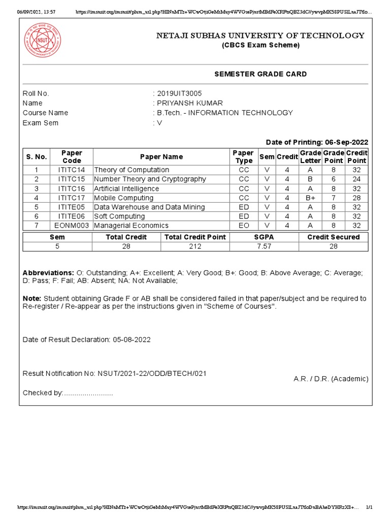 B.Tech IT Semester V Grade Card | PDF | Course Credit | Information Age