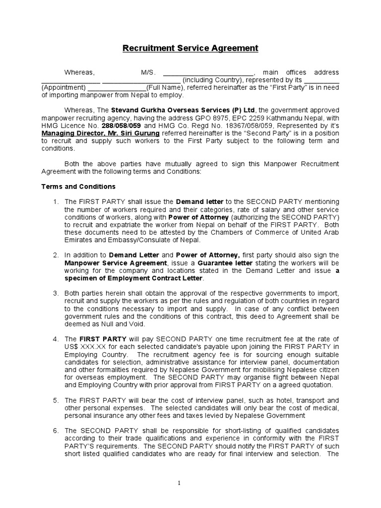 Recruitment Service Agency Agreement | PDF | Employment | Travel Visa