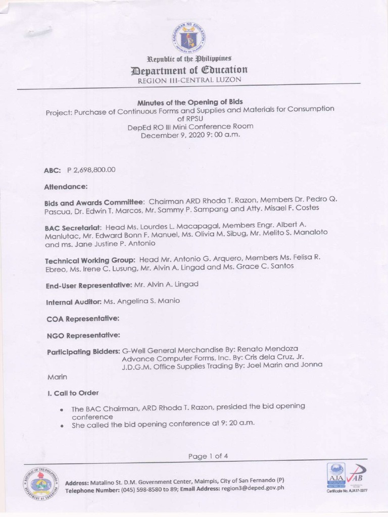 Minutes of The Opening of Bids For The Purchase of Continuous Forms ...