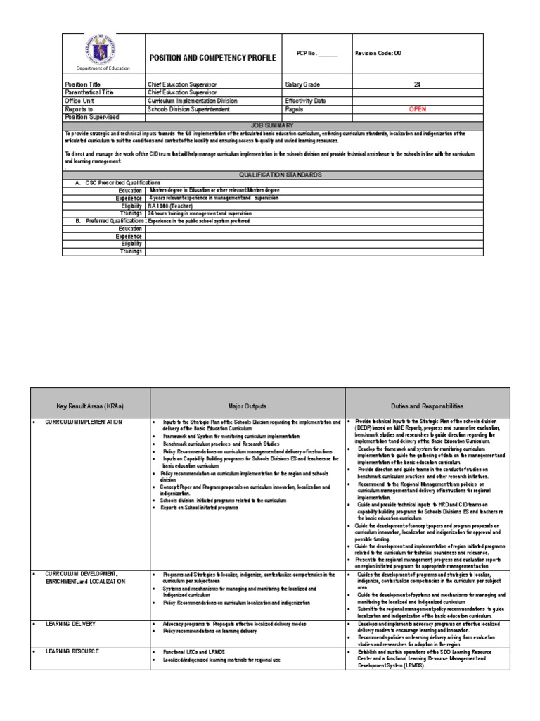 Inclosure 1b Cid Position and Competency Profile | PDF | Curriculum ...