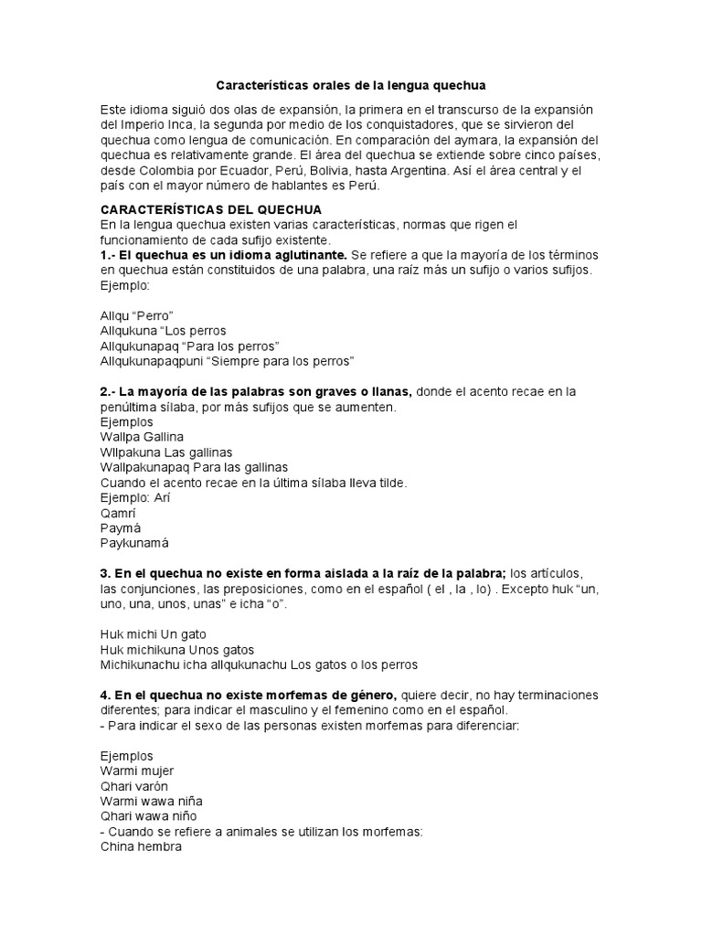 Características Orales de La Lengua Quechua | PDF | Artes del Lenguaje ...