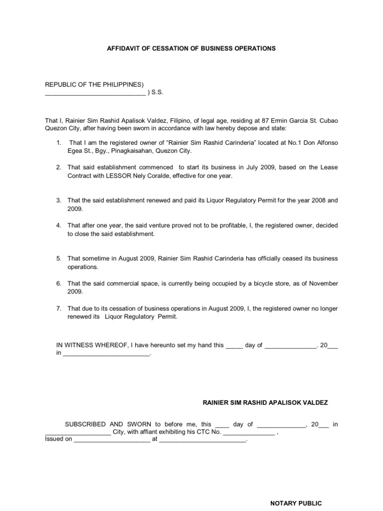 Affidavit Of Cessation Of Business Operations Affidavit Civil Law Common Law