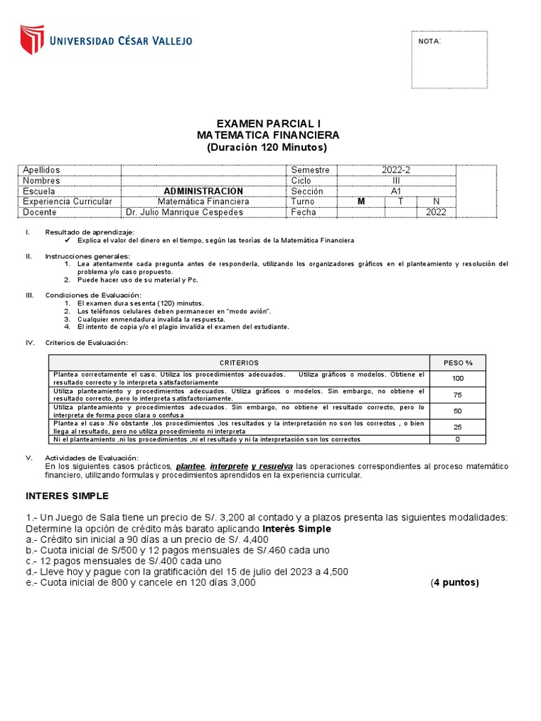 Examen Parcial Matemática Financiera 2022 | PDF | Prueba (evaluación ...