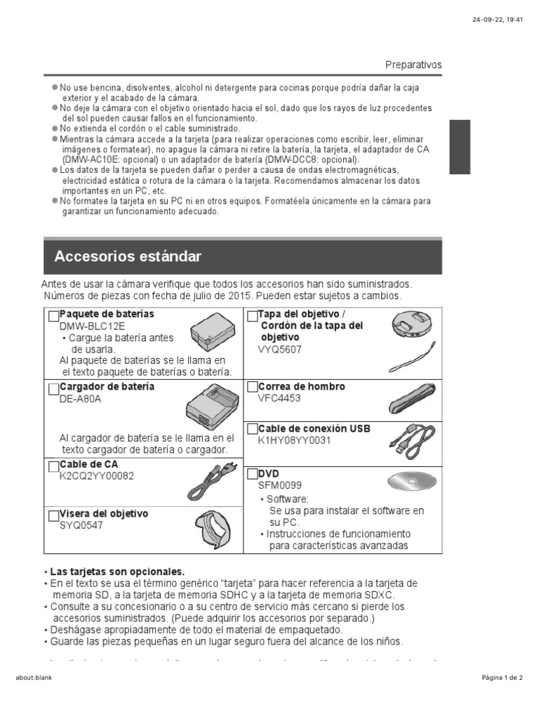 Accesorios Estándar Panasonic Lumix DMCFZ300 Manual PDF USB
