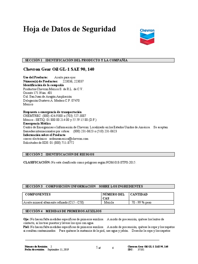 Hoja de Seguridad Gear Oil 1 PDF Toxicidad Combustión