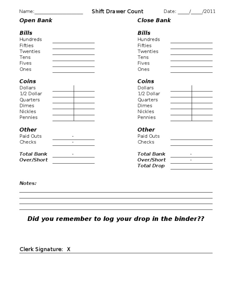 Shift Drawer Count Summary | PDF | Coins | Currency