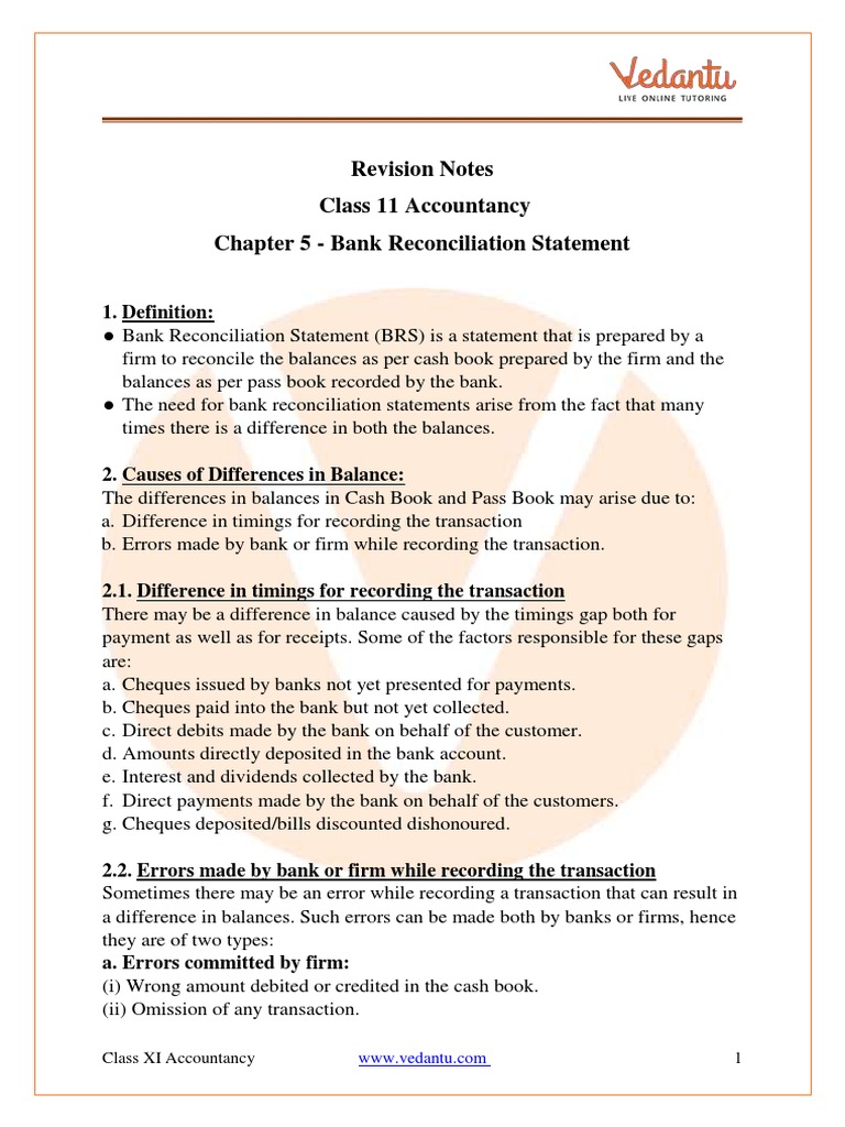 BRS Overview for Class 11 Accounts | PDF | Debits And Credits | Banks