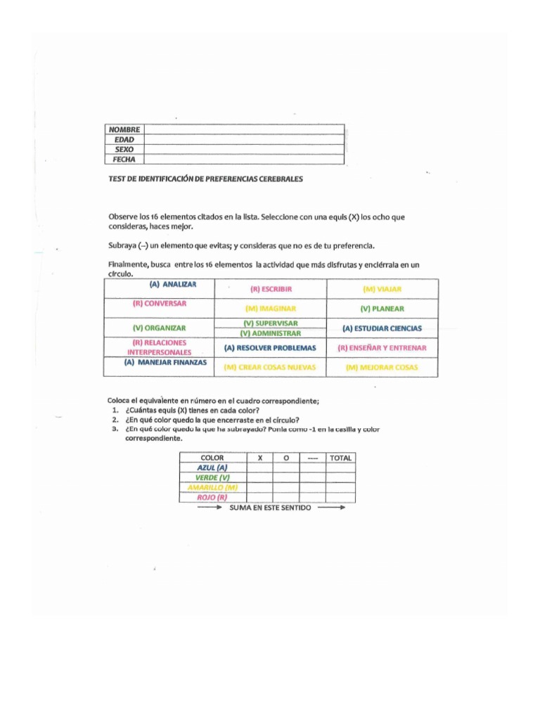Test de Dominancia Cerebral e Inteligencias | PDF
