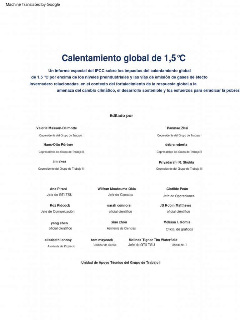 Calentamiento Global de 1.5 C Informe Especial IPCC PDF Cambio