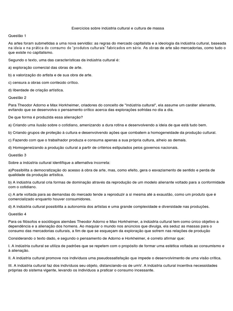 Exercícios sobre Indústria Cultural | PDF | Theodor W. Adorno