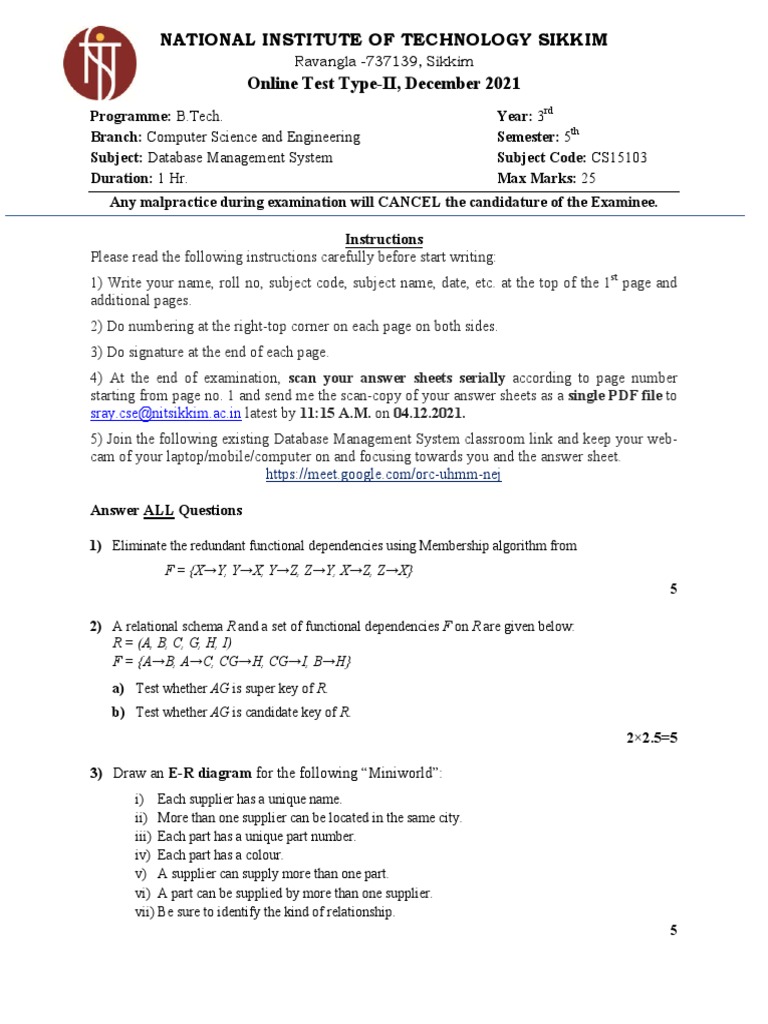 Question - DBMS - Online Test Type-II - CSE 5th - Dec-2021 | PDF ...