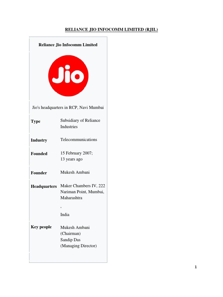 Reliance Jio Limited PDF Service Industries Information