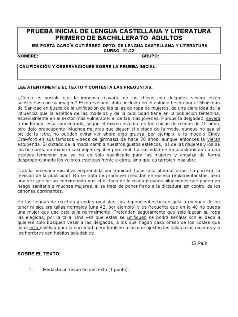 Prueba Inicial de Lengua Castellana y Literatura | PDF | Sintaxis ...