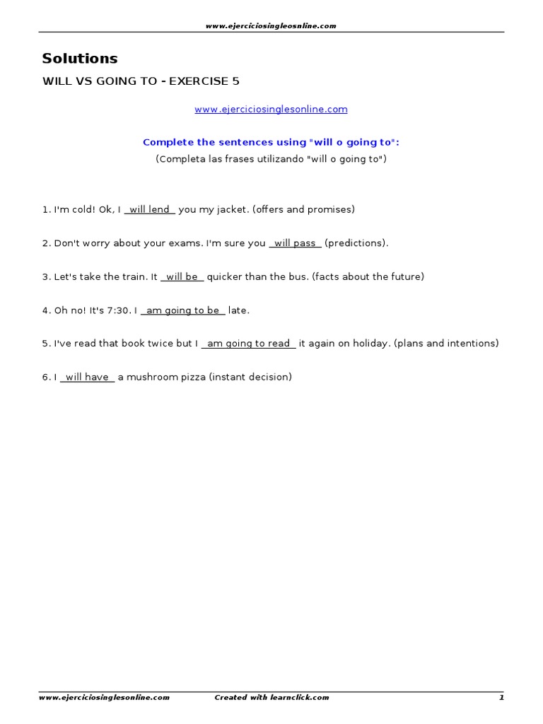 Solutions Will Vs Going To Exercise 5 | PDF