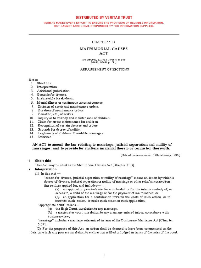 Matrimonial Causes Act (Chapter 513) 0 Download Free PDF