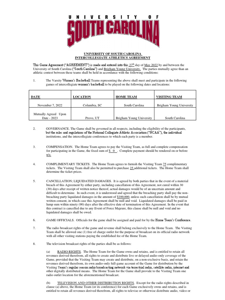 BYUSouth Carolina WBB Game Contract 202223 PDF Liquidated Damages