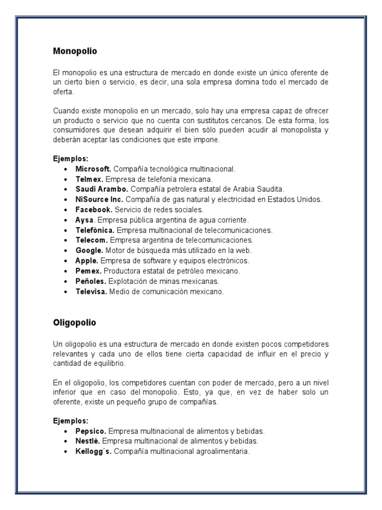 Monopolio y Oligopolio en Mercados | PDF | Responsabilidad social ...