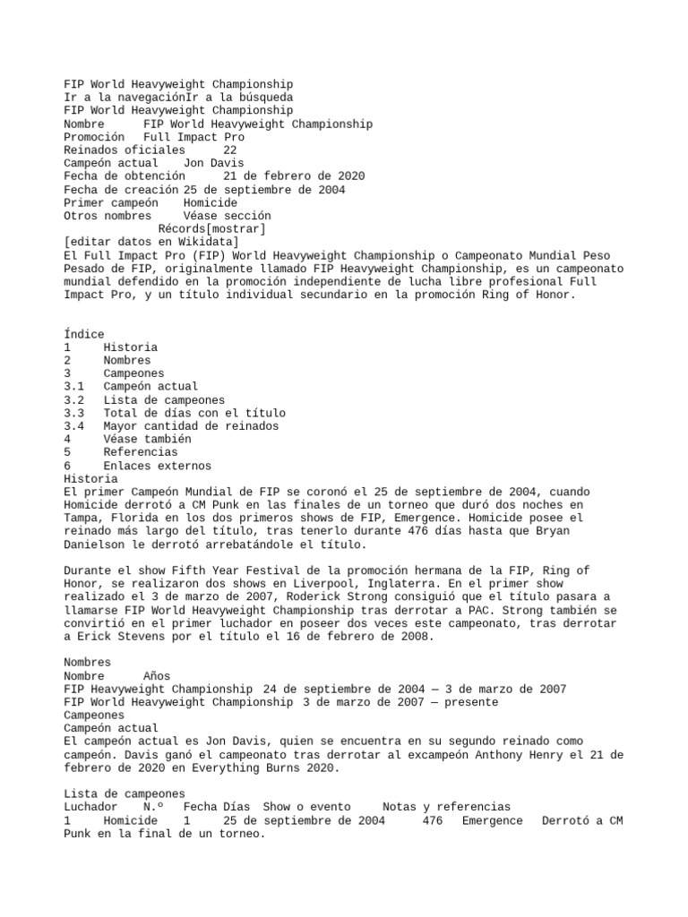 FIP World Heavyweight Championship PDF Wwe Promociones de lucha